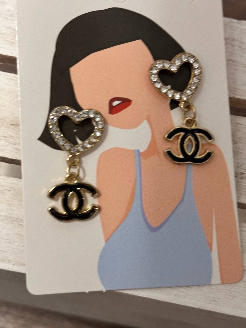 Gold and Black Heart Drop Earrings with CC Logo